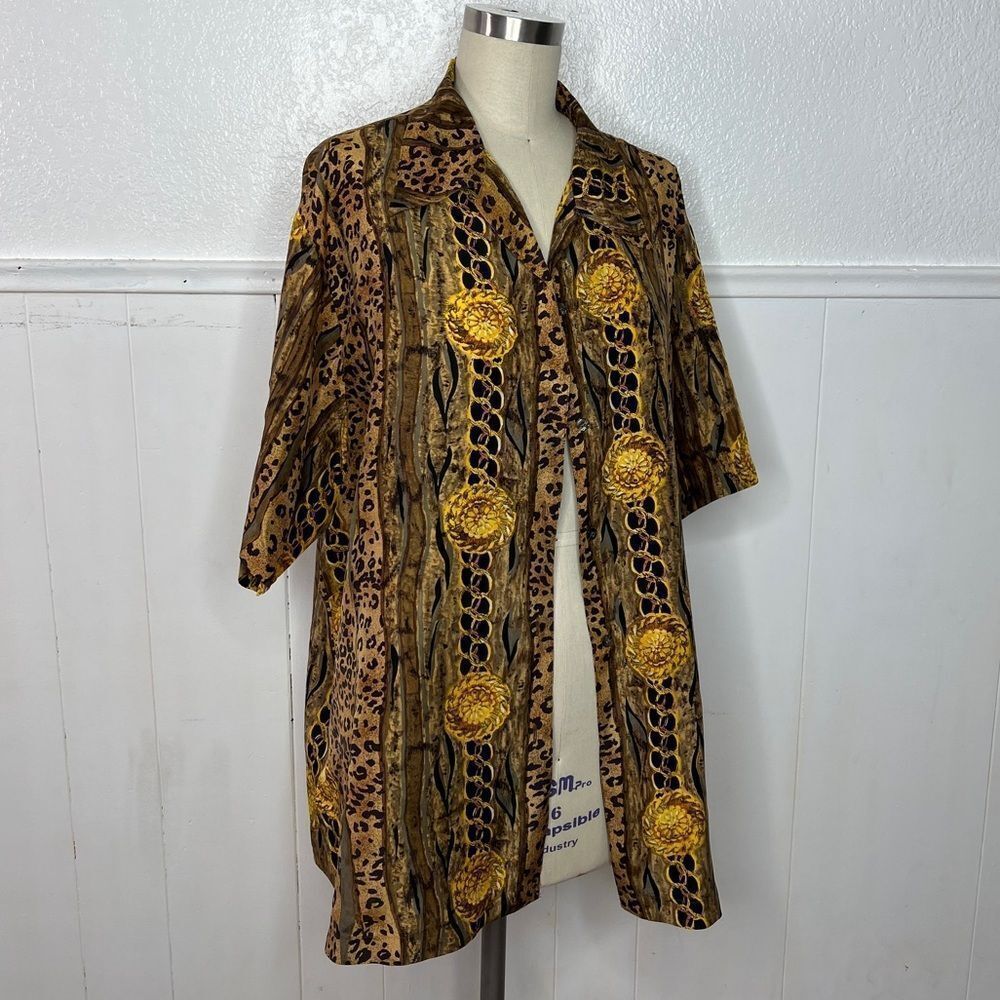 Vintage retro EXPRESS Y2K gold medallion chain oversize silk shirt coverup L